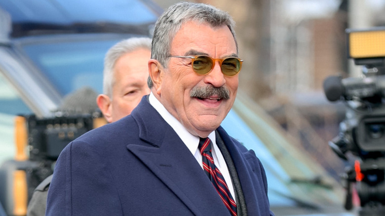 Tom Selleck laughs on the set of Blue Bloods