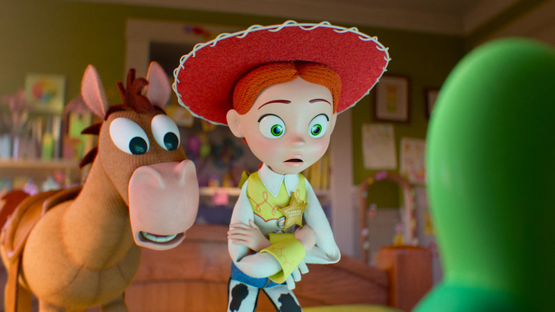 Jessie and Bullseye staring with fear at Lilypad in 