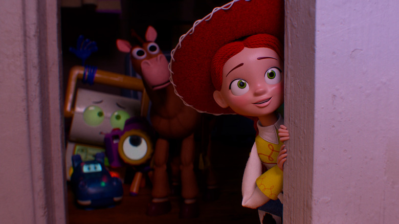 Jessie leans out of a closet with Bullseye, Smarty Pants and others behind her in "Toy Story 5" (2026)