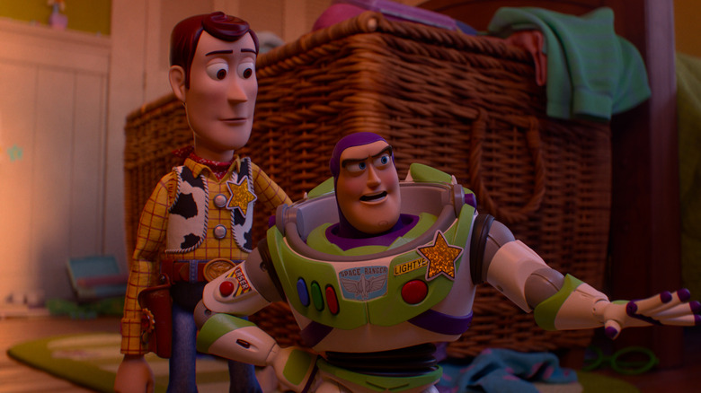 Buzz and Woody standing side by side in "Toy Story 5" (2026)