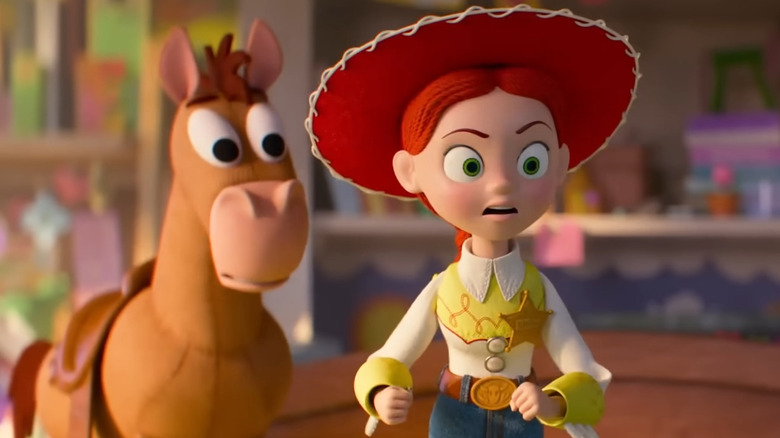 Bullseye and Jessie looking terrified by Lilypad in Toy Story 5