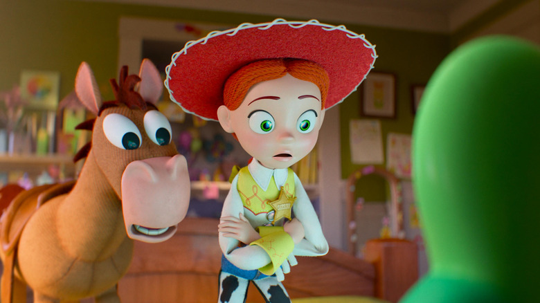 Jessie and Bullseye staring with fear at Lilypad in "Toy Story 5" (2026)