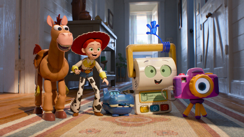 Jessie, Bullseye, Smarty Pants, Snappy, and Atlas looking excited in the hallway in Blaze's house in "Toy Story 5" (2026)