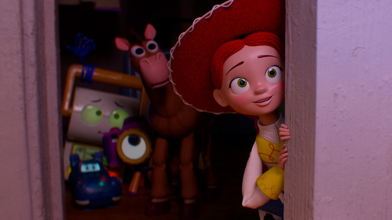 Jessie and other toys peer out of a closet in "Toy Story 5" (2026)