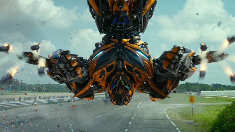 Bumblebee firing at enemies in "Transformers: Age of Extinction" (2014)