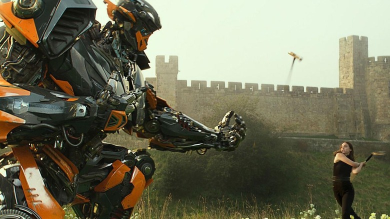 Hot Rod contending with a feisty human in "Transformers: The Last Knight" (2017)