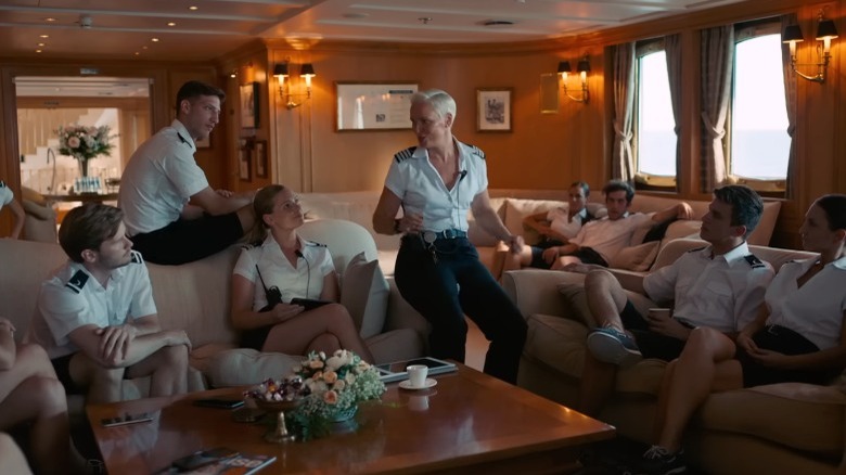 Yacht crew meeting below deck