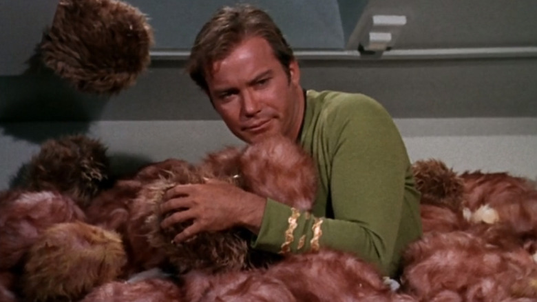 Captain Kirk surrounded by tribbles on Star Trek