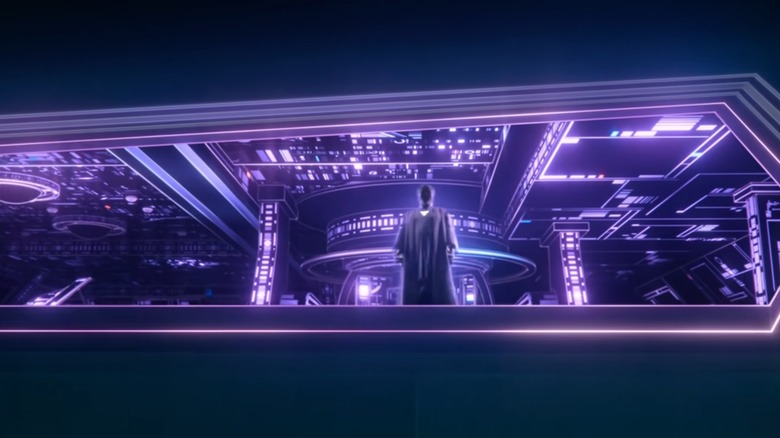 Flynn stands in a window in the Grid in "Tron: Ares" (2025)