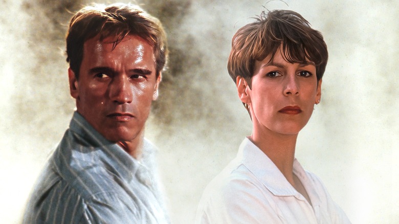 Arnold Schwarzenegger and Jamie Lee Curtis serious