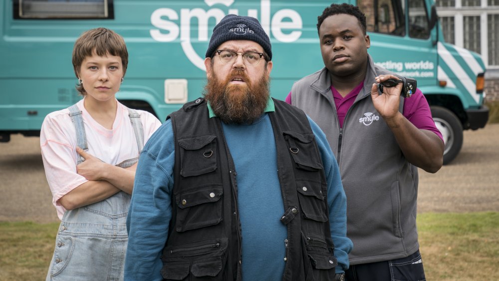 Nick Frost, Emma D'Arcy, and Samson Kayo as the Truth Seekers on Amazon's Truth Seekers