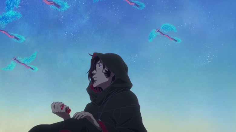 creatures fly in the sky above Dandy in "Space Dandy" (2014)