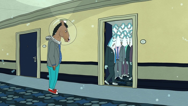 BoJack stands outside a hotel room packed with sardines in "BoJack Horseman" (2016)