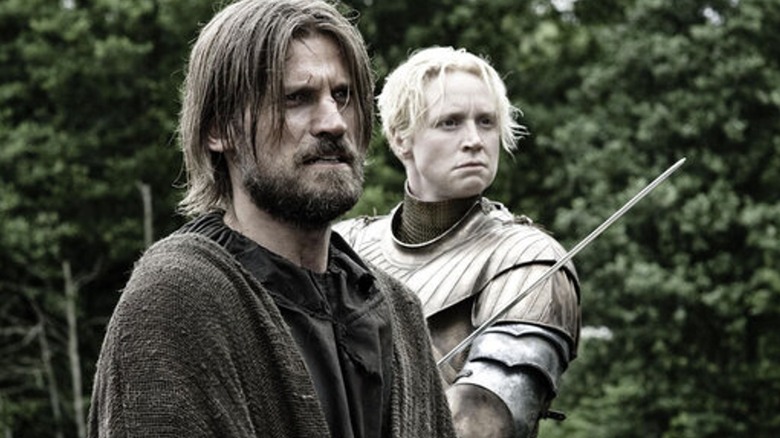 Brienne stands behind Jamie ready to defend him