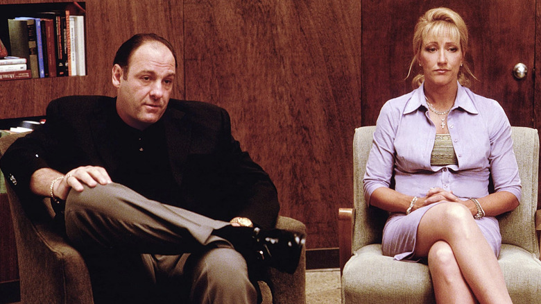 Tony and Carmela Soprano sitting on chairs in Dr. Melfi's office