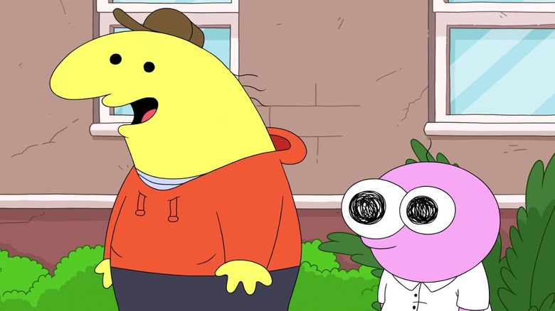 Charlie and Pim standing on the street and smiling on Smiling Friends S3E2