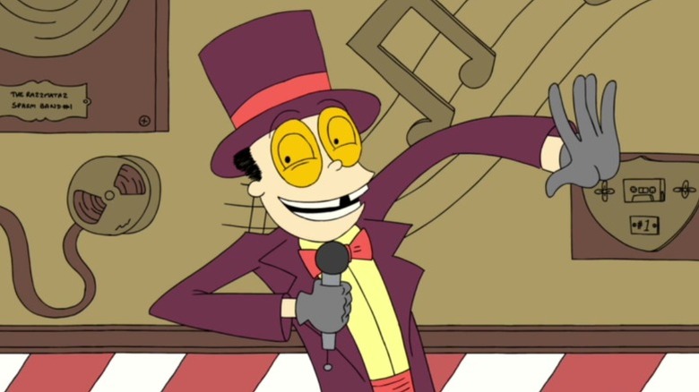 The Warden speaking excitedly into a microphone in Superjail!