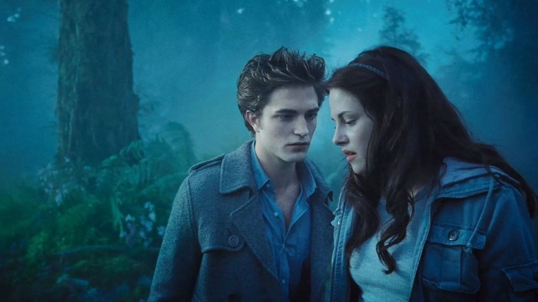 Edward and Bella talking in the woods in Twilight