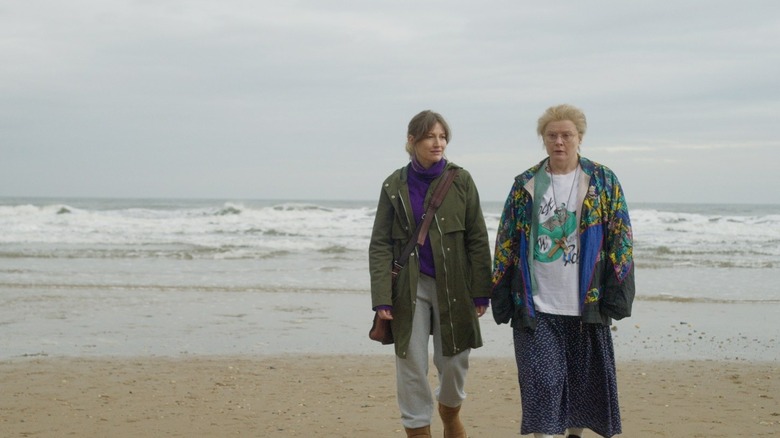 Typist Artist Pirate King's Monica Dolan walking on beach with Kelly Macdonald