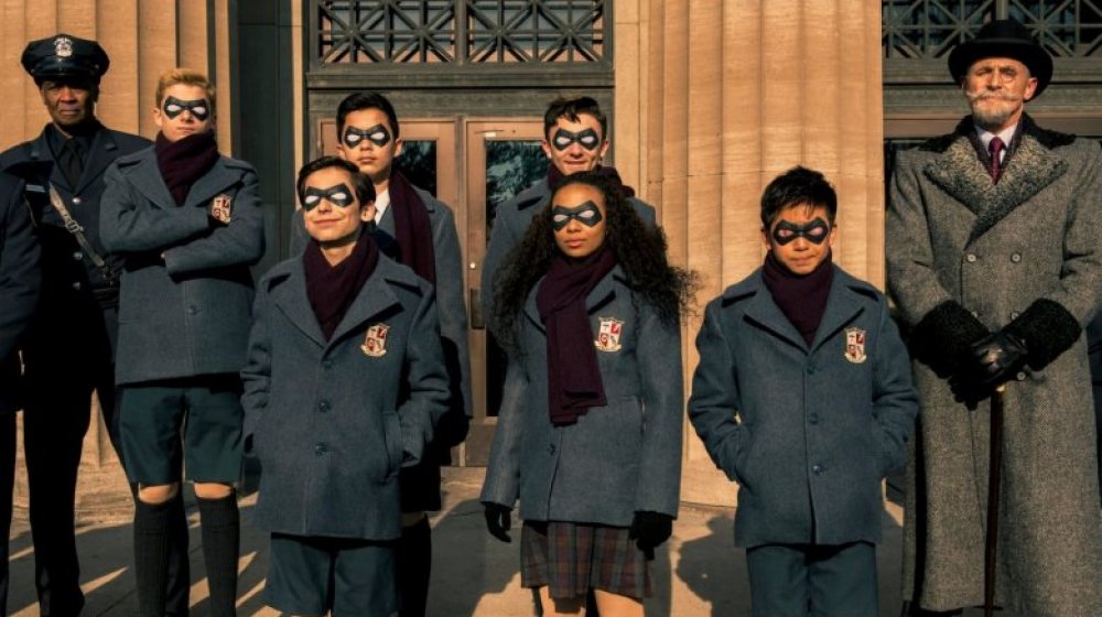 the young cast of The Umbrella Academy w/ Colm Feore