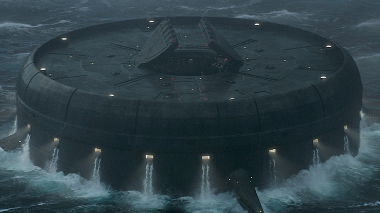 The raft floats in the ocean