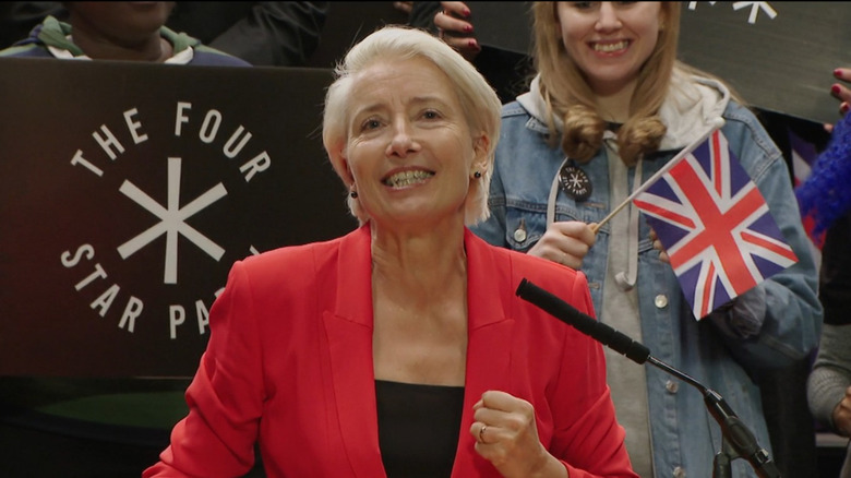 Far-right leader Vivian Rook gives a televised speech in "Years and Years" (2019)