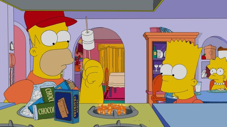 Homer and Bart Simpson making smores