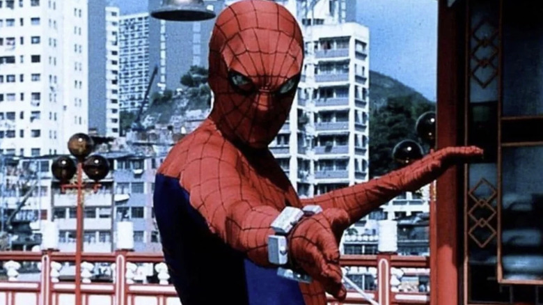 Spider-Man shoots a web
