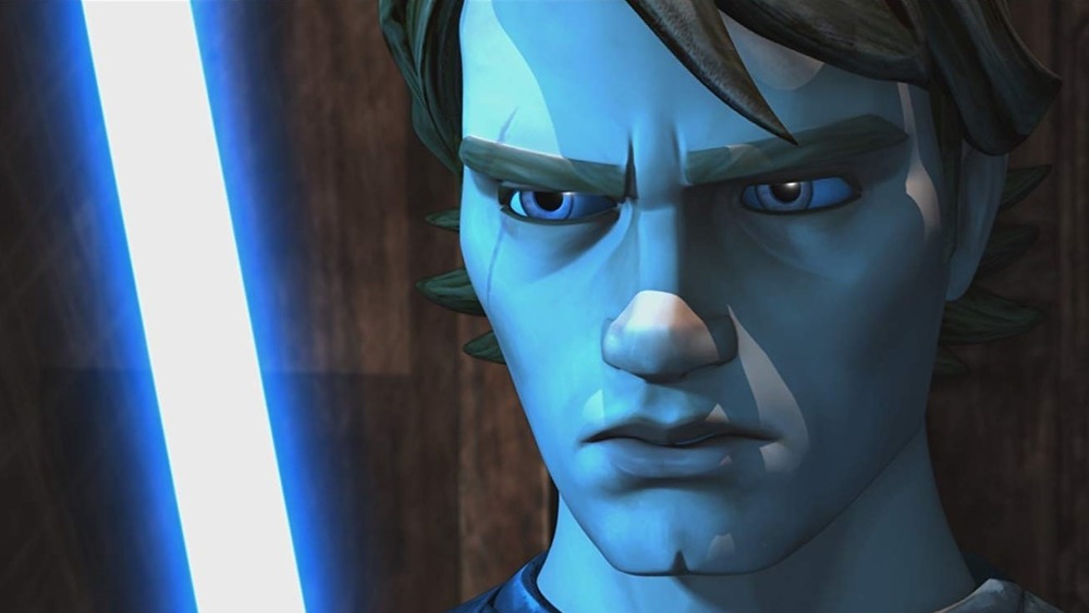 Anakin bathed in blue lightsaber light