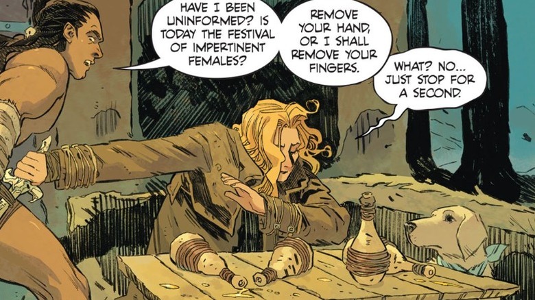 Supergirl sits drunkenly at a tavern table with Krypto and pushing away a warrior in 