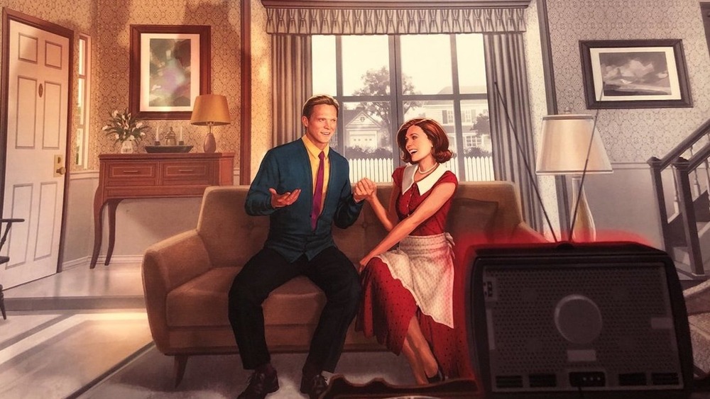 Paul Bettany and Elizabeth playing the happy couple in WandaVision promo art