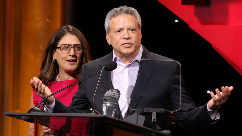 Michael De Luca talking on stage alongside Pamela Abdy