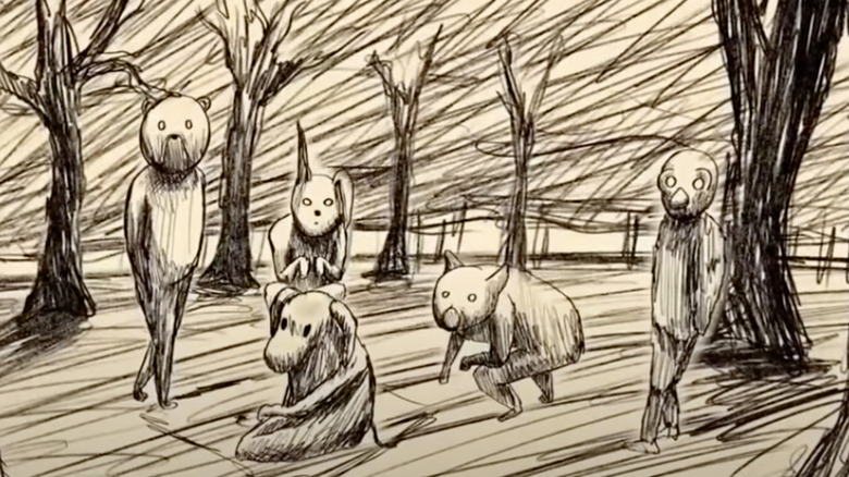 Winnie the Pooh and friends in crude drawing of Hundred Acre Wood
