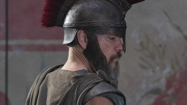 Odysseus wearing a plumed helmet in The Odyssey
