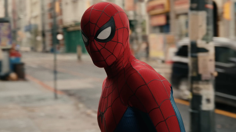 Spider-Man standing on a sidewalk in NYC in Spider-Man: Brand New Day (2026)
