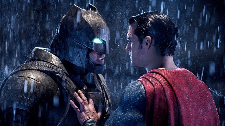Batman and Superman squaring off in Batman v Superman: Dawn of Justice (2016)