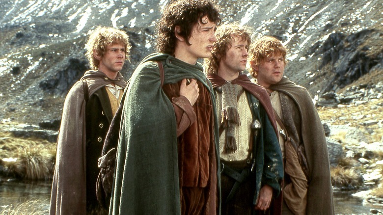 Merry, Frodo, Pippin, and Sam look at something