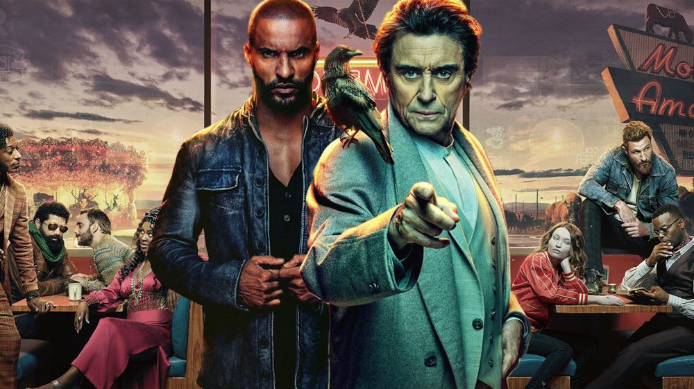 Ricky Whittle and Ian McShane as Shadow and Wednesday on American Gods