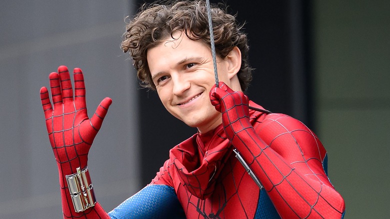 Tom Holland on the Glasgow set of 