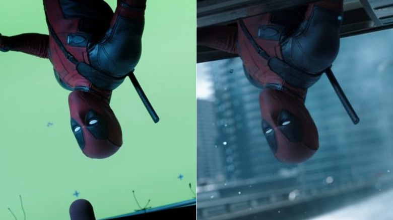 Deadpool against greenscreen and hanging from a car