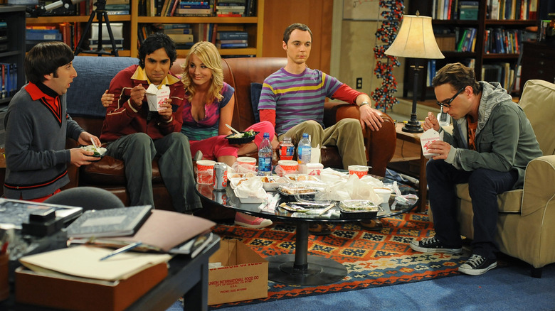 Penny eats Chinese food with the boys on "The Big Bang Theory"