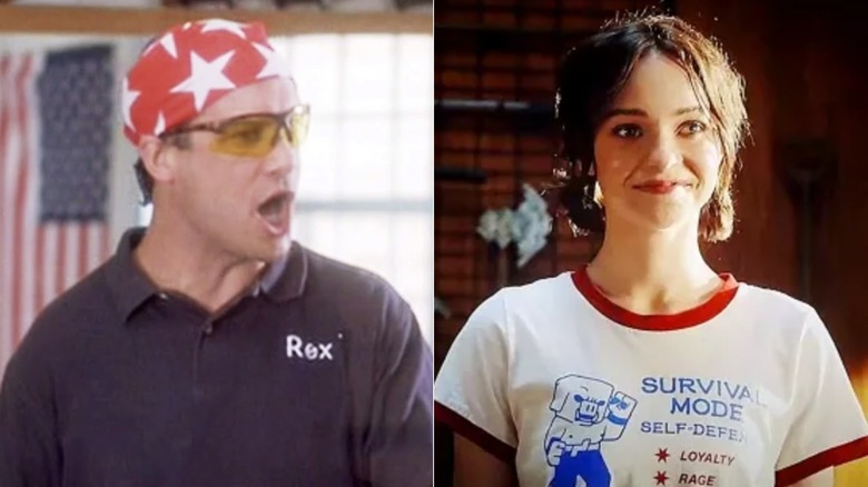 Rex in training with American flag bandanna (left); Natalie smiling in Survival Mode shirt (right)