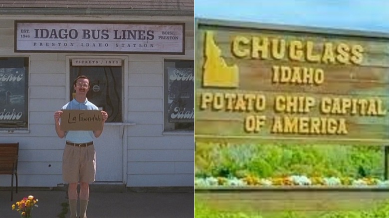 Kip holds a sign at a bus station (left); the sign for Chuglass, Idaho (right)