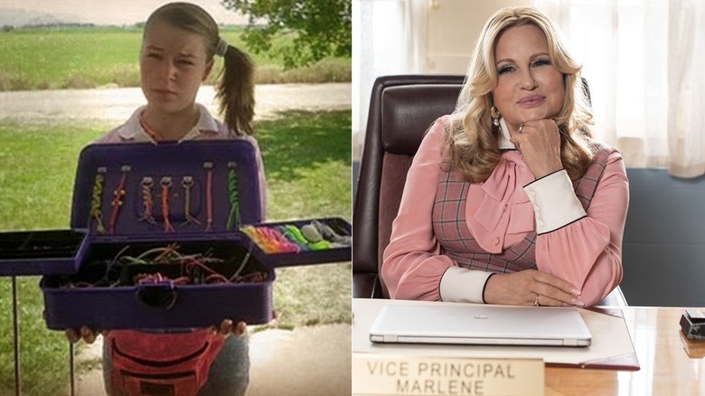 Deb displaying friendship bracelets (left), Vice Principal Marlene at her desk (right)