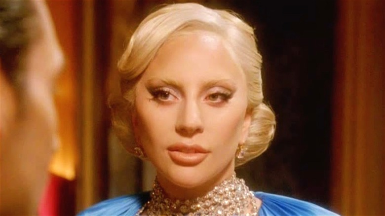 Lady Gaga wearing a blue dress