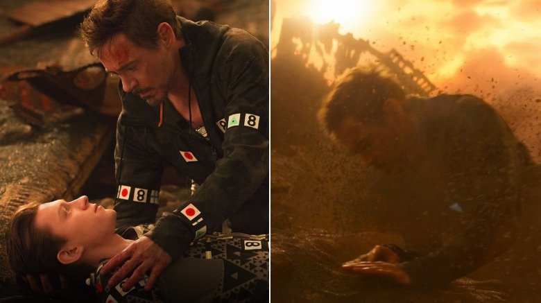 Split image of Stark and Parker before and after the snap