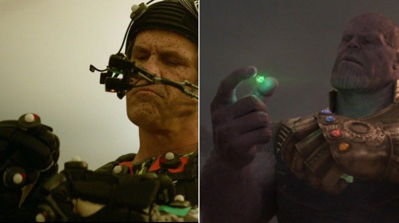 Split image of Josh Brolin/Thanos putting the Time Stone in the Infinity Gauntlet