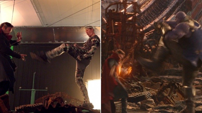 Split image of Thanos kicking Doctor Strange