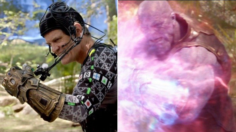Split image of Josh Brolin/Thanos shielding himself from Scarlet Witch's blast