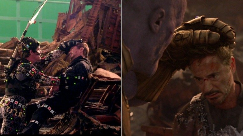 Split image of Josh Brolin/Thanos holding up the defeated Iron Man's head